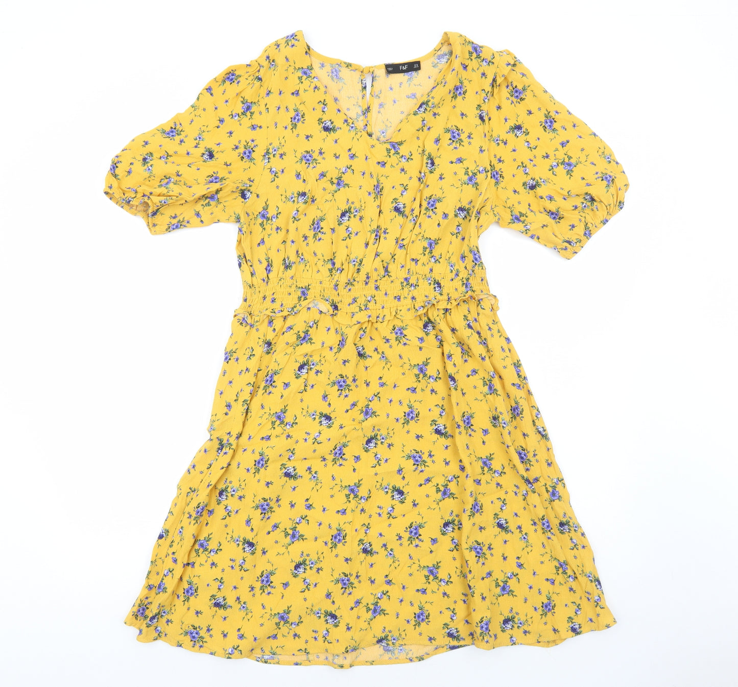F&F Womens Yellow Floral Viscose Fit & Flare Size 16 V-Neck Pullover