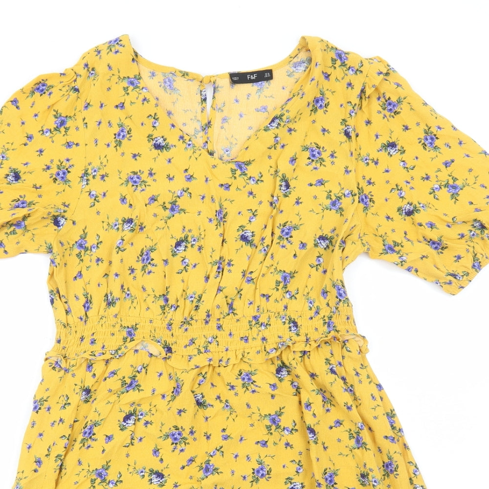 F&F Womens Yellow Floral Viscose Fit & Flare Size 16 V-Neck Pullover