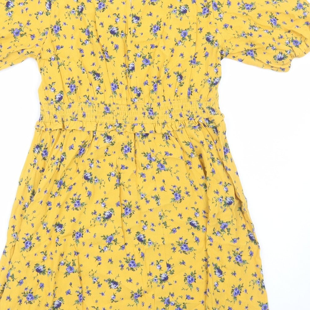 F&F Womens Yellow Floral Viscose Fit & Flare Size 16 V-Neck Pullover