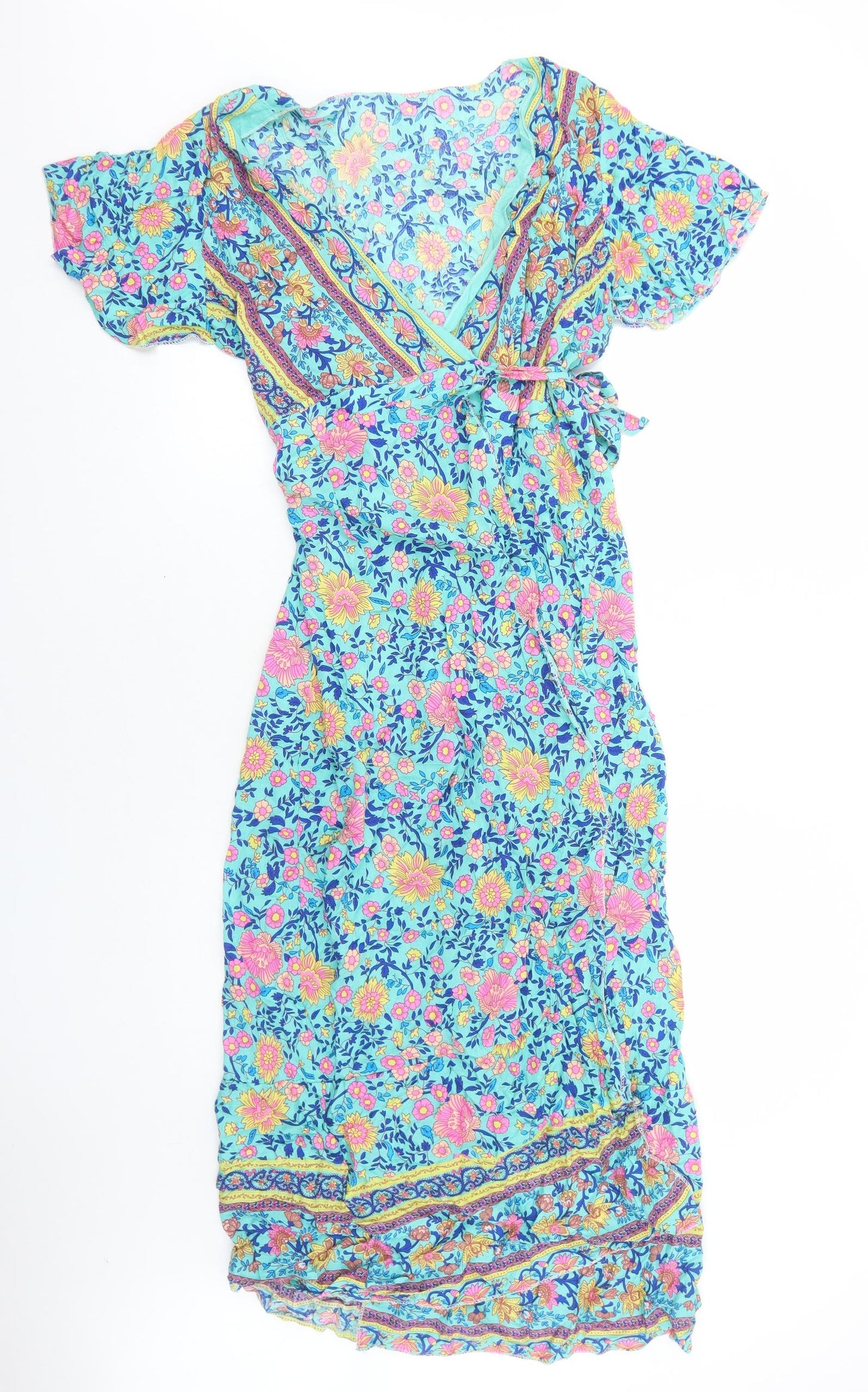 Preworn Womens Blue Floral Viscose Maxi Size M V-Neck Tie