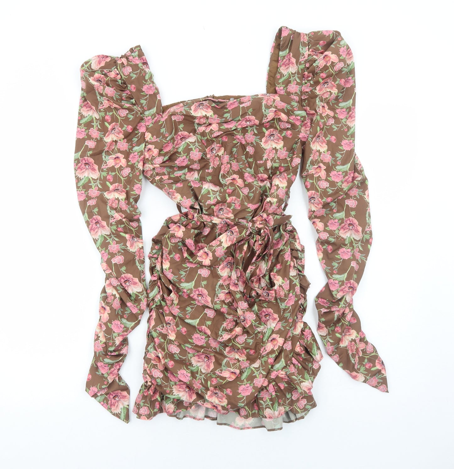 PRETTYLITTLETHING Womens Brown Floral Polyester Bodycon Size 6 Square Neck Zip