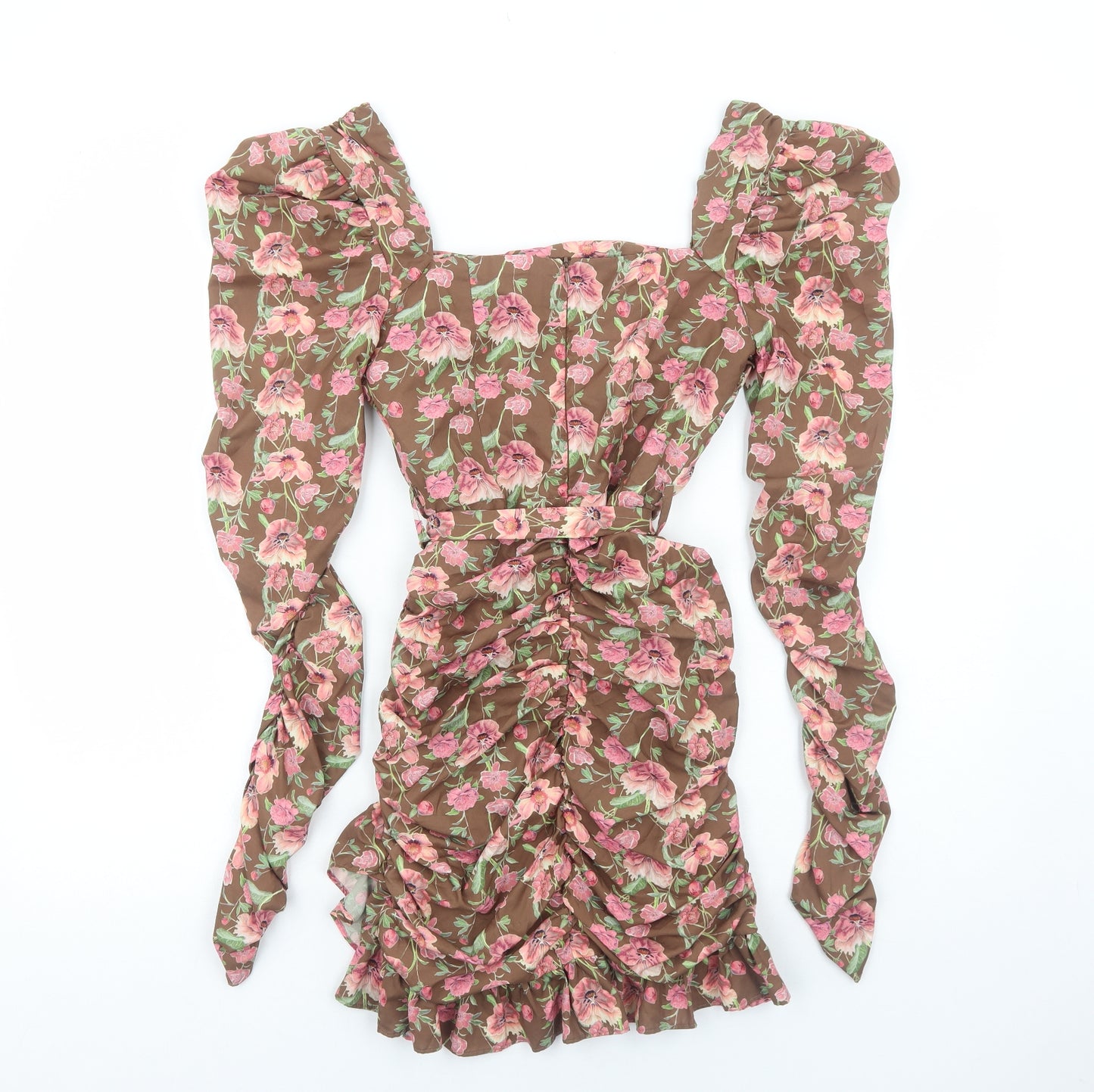 PRETTYLITTLETHING Womens Brown Floral Polyester Bodycon Size 6 Square Neck Zip