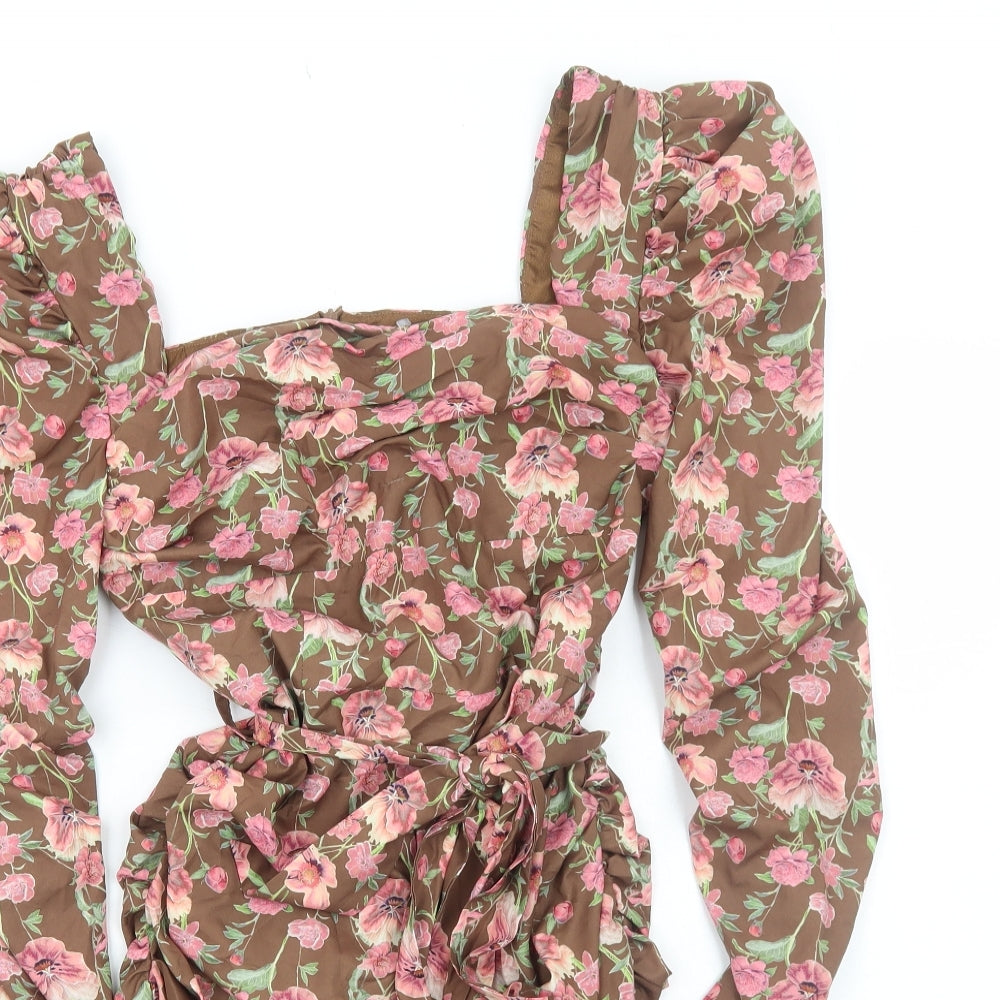 PRETTYLITTLETHING Womens Brown Floral Polyester Bodycon Size 6 Square Neck Zip
