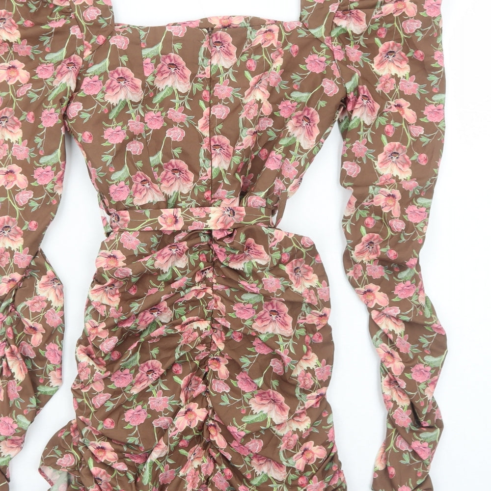 PRETTYLITTLETHING Womens Brown Floral Polyester Bodycon Size 6 Square Neck Zip