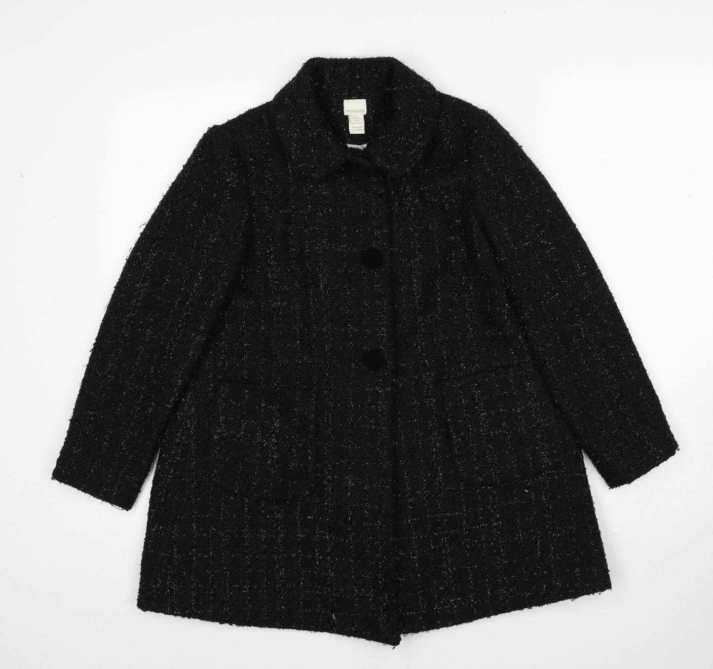 Monsoon Girls Black Check Pea Coat Coat Size 9-10 Years Button