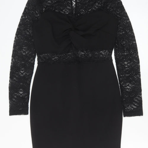 Miss Selfridge Womens Black Polyester Pencil Dress Size 10 Round Neck Button