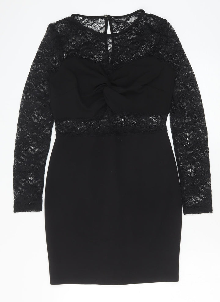 Miss Selfridge Womens Black Polyester Pencil Dress Size 10 Round Neck Button