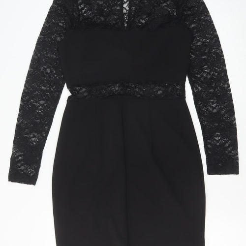 Miss Selfridge Womens Black Polyester Pencil Dress Size 10 Round Neck Button
