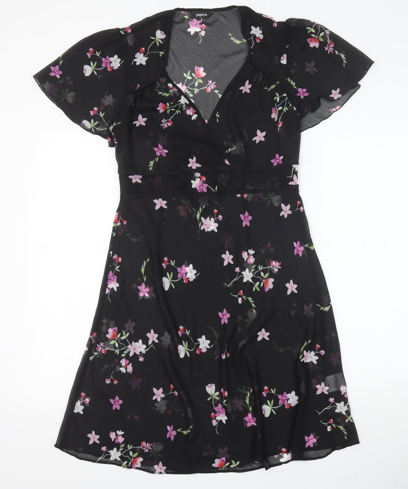 Papaya Womens Black Floral Polyester A-Line Size 12 V-Neck Pullover