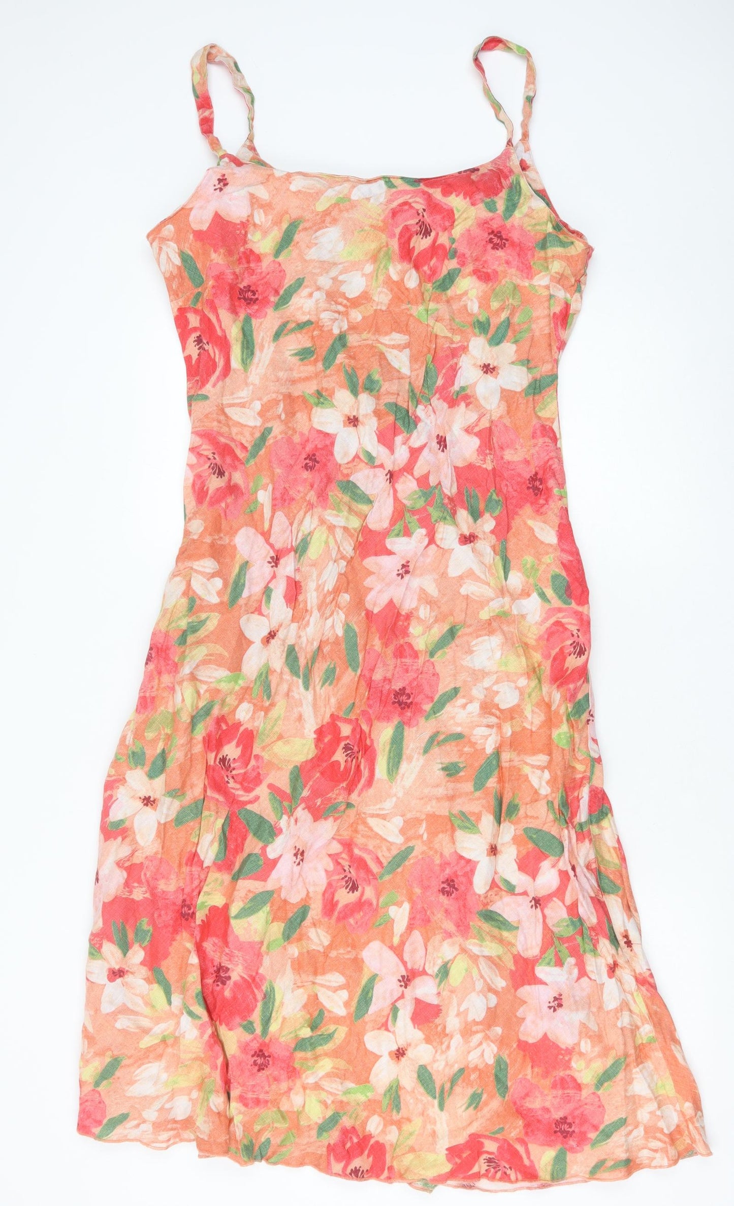 Marks and Spencer Womens Orange Floral Linen Slip Dress Size 16 Scoop Neck Pullover