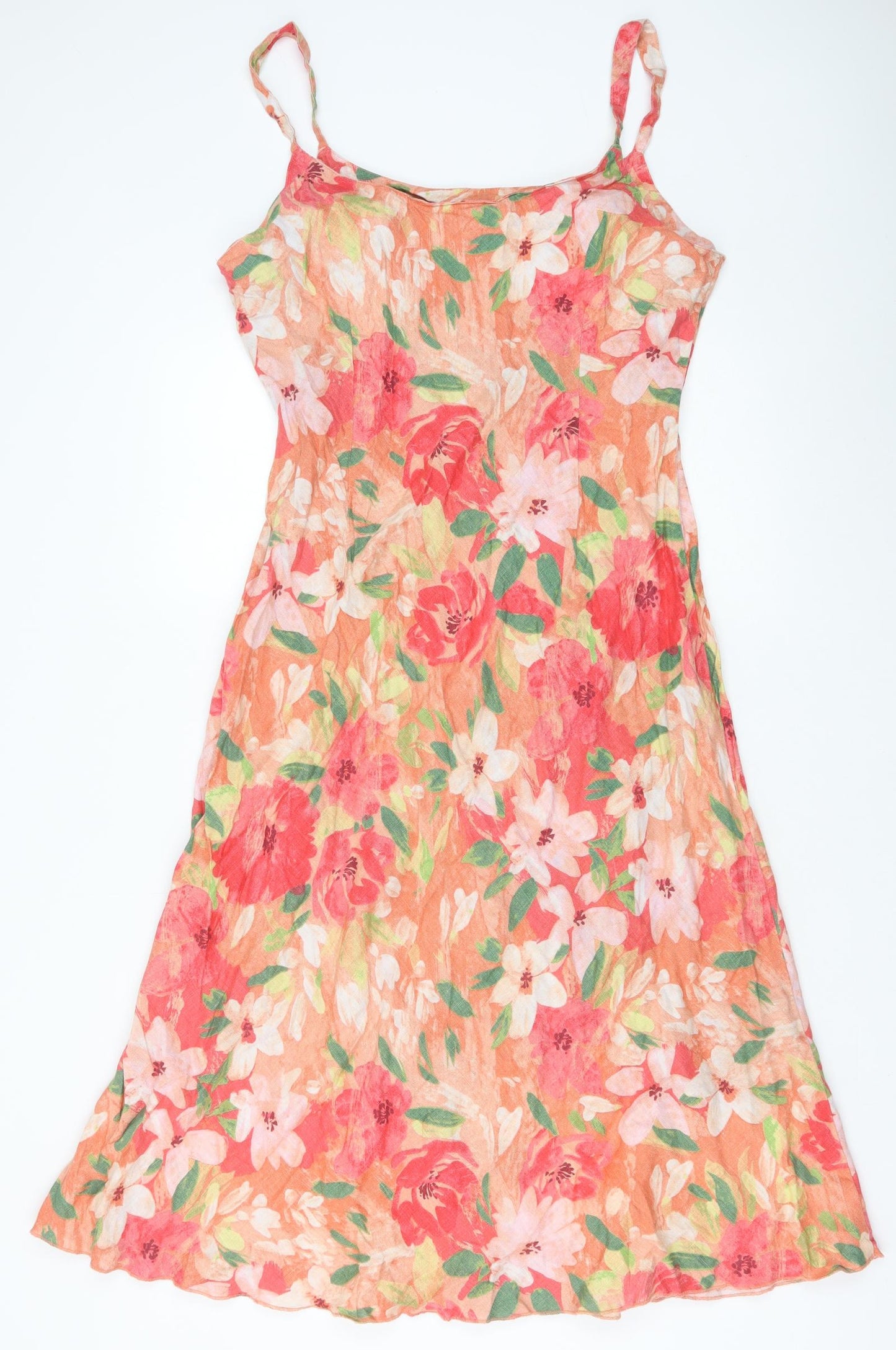 Marks and Spencer Womens Orange Floral Linen Slip Dress Size 16 Scoop Neck Pullover