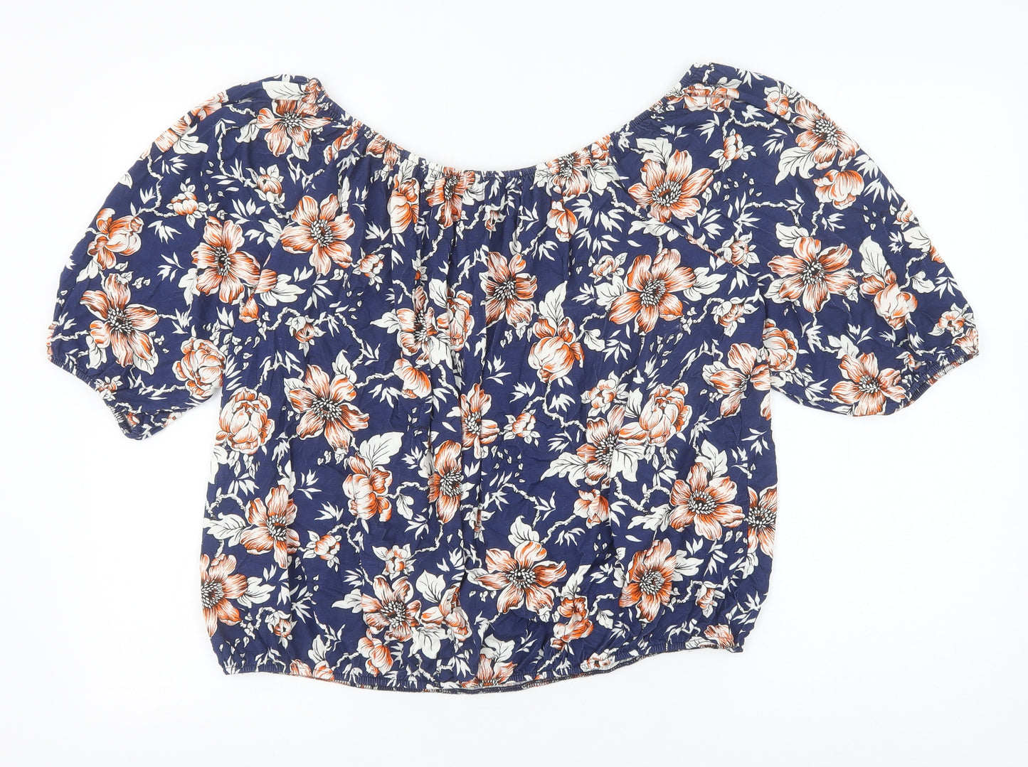 Nicole Collection Womens Blue Floral Viscose Basic Blouse Size L Off the Shoulder