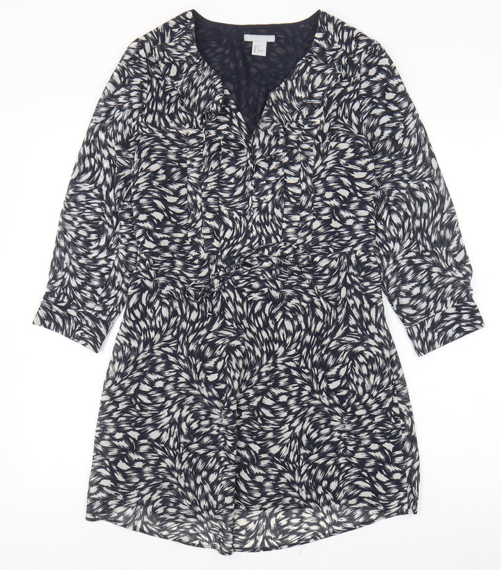 H&M Womens Blue Geometric Polyester A-Line Size S V-Neck Button