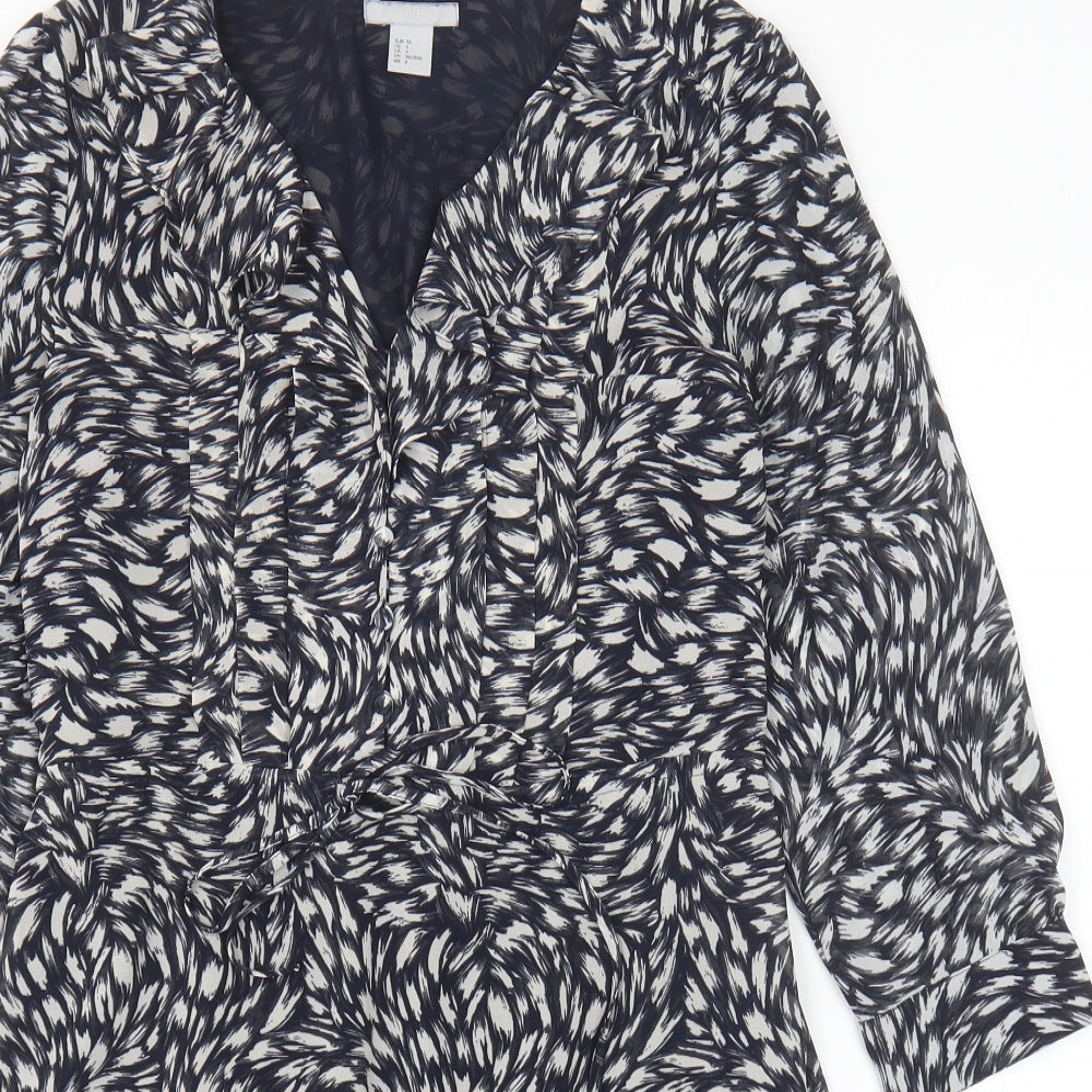 H&M Womens Blue Geometric Polyester A-Line Size S V-Neck Button