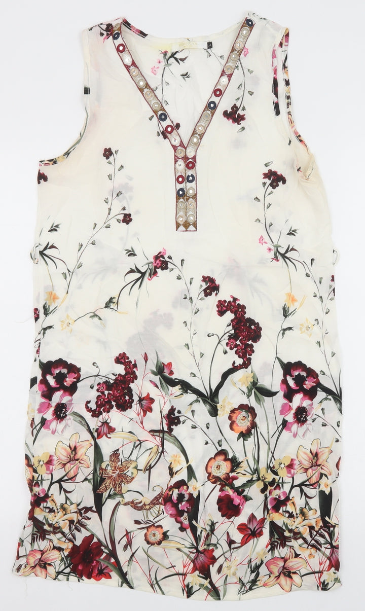 Mosnova Womens Ivory Floral Polyester Shift Size L V-Neck Pullover