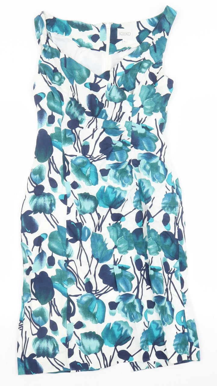 Kaliko Womens Blue Floral Linen Sheath Size 8 V-Neck Zip