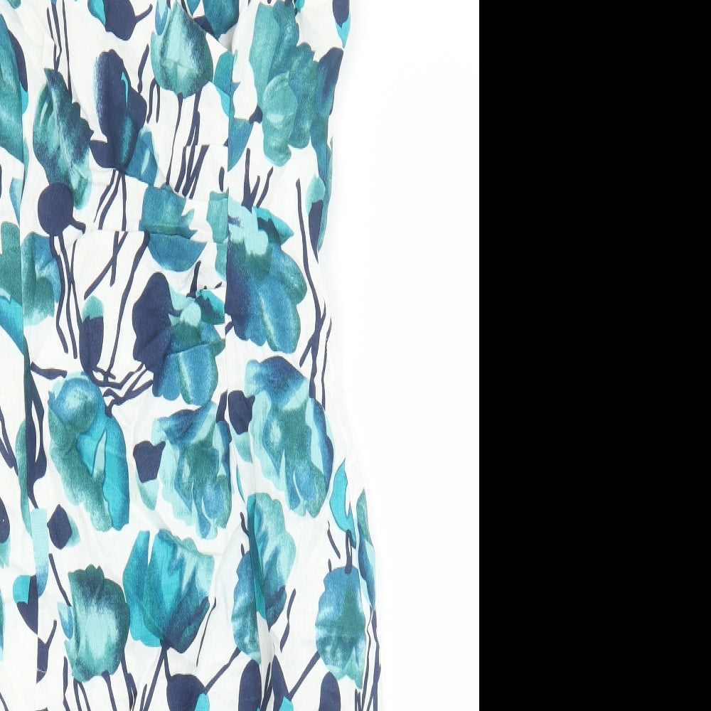 Kaliko Womens Blue Floral Linen Sheath Size 8 V-Neck Zip