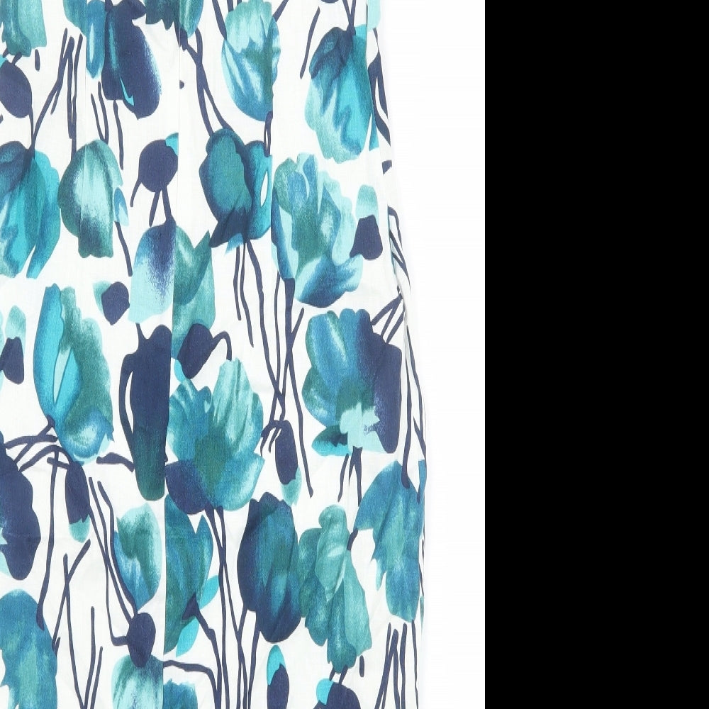 Kaliko Womens Blue Floral Linen Sheath Size 8 V-Neck Zip