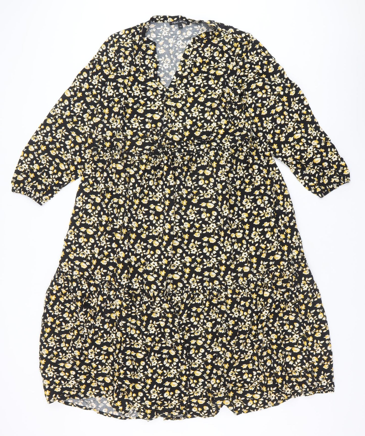NEXT Womens Black Floral Viscose Trapeze & Swing Size 14 V-Neck Button