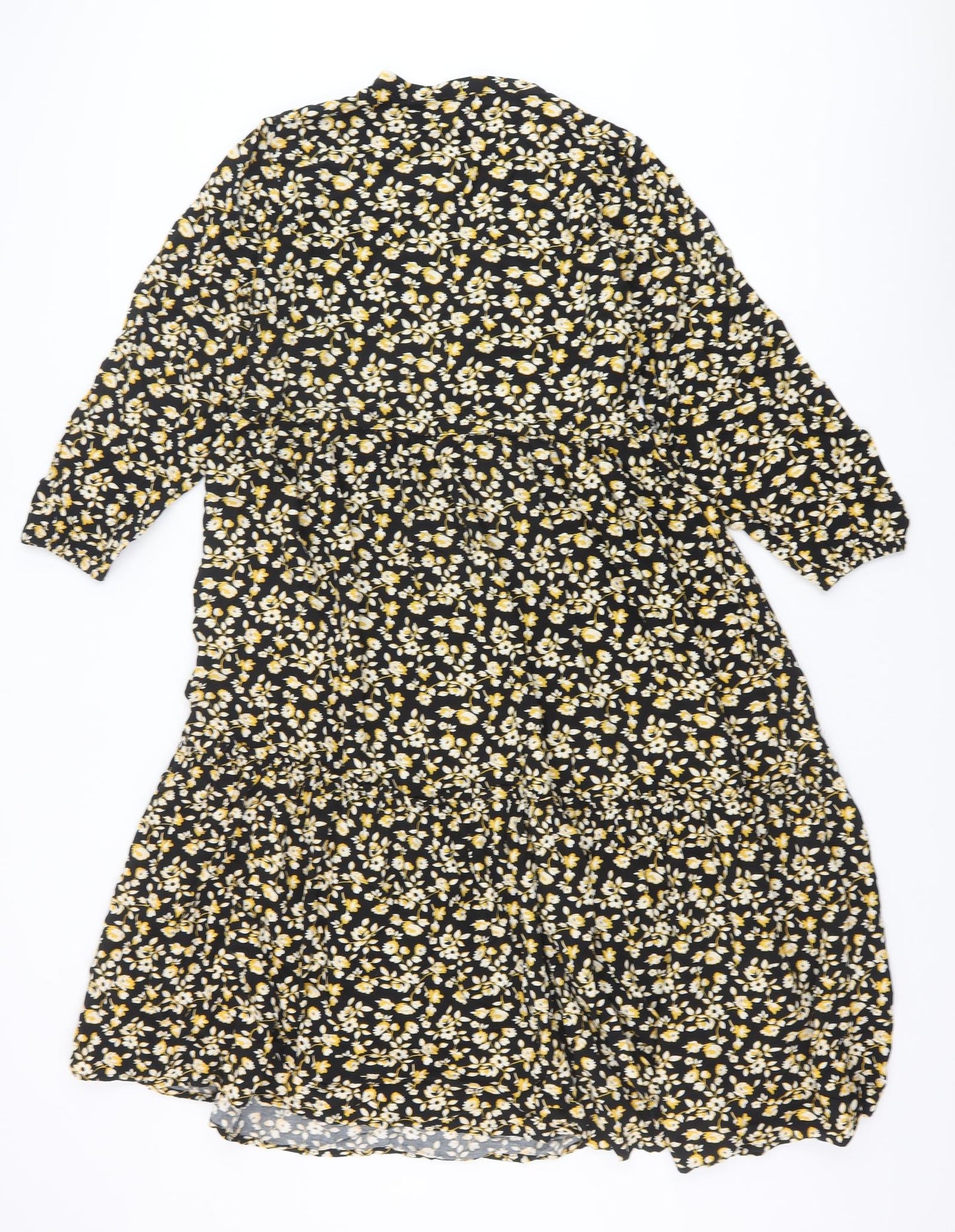 NEXT Womens Black Floral Viscose Trapeze & Swing Size 14 V-Neck Button