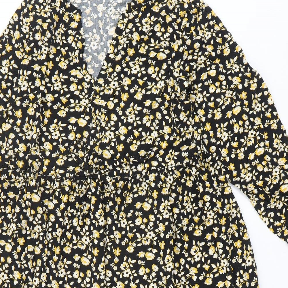 NEXT Womens Black Floral Viscose Trapeze & Swing Size 14 V-Neck Button