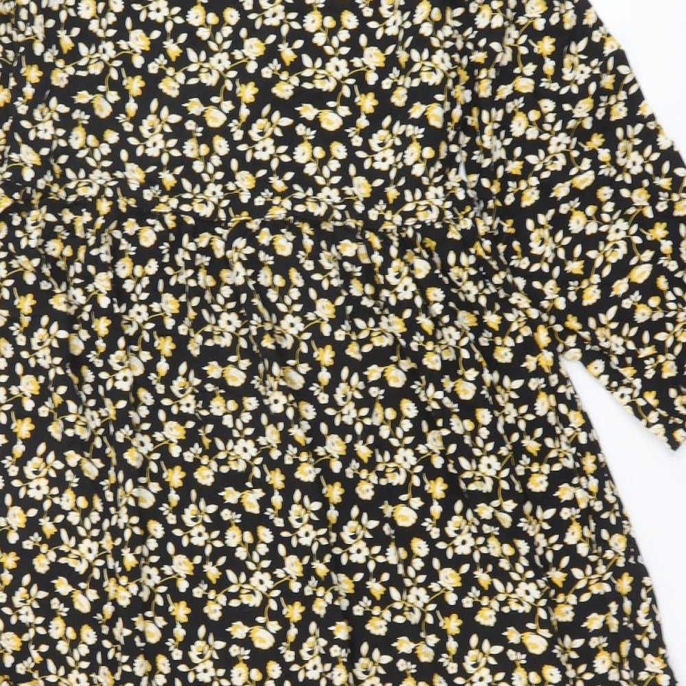 NEXT Womens Black Floral Viscose Trapeze & Swing Size 14 V-Neck Button