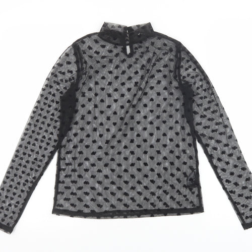 V By Very Womens Black Geometric Polyester Basic T-Shirt Size 8 Mock Neck - Heart Pattern