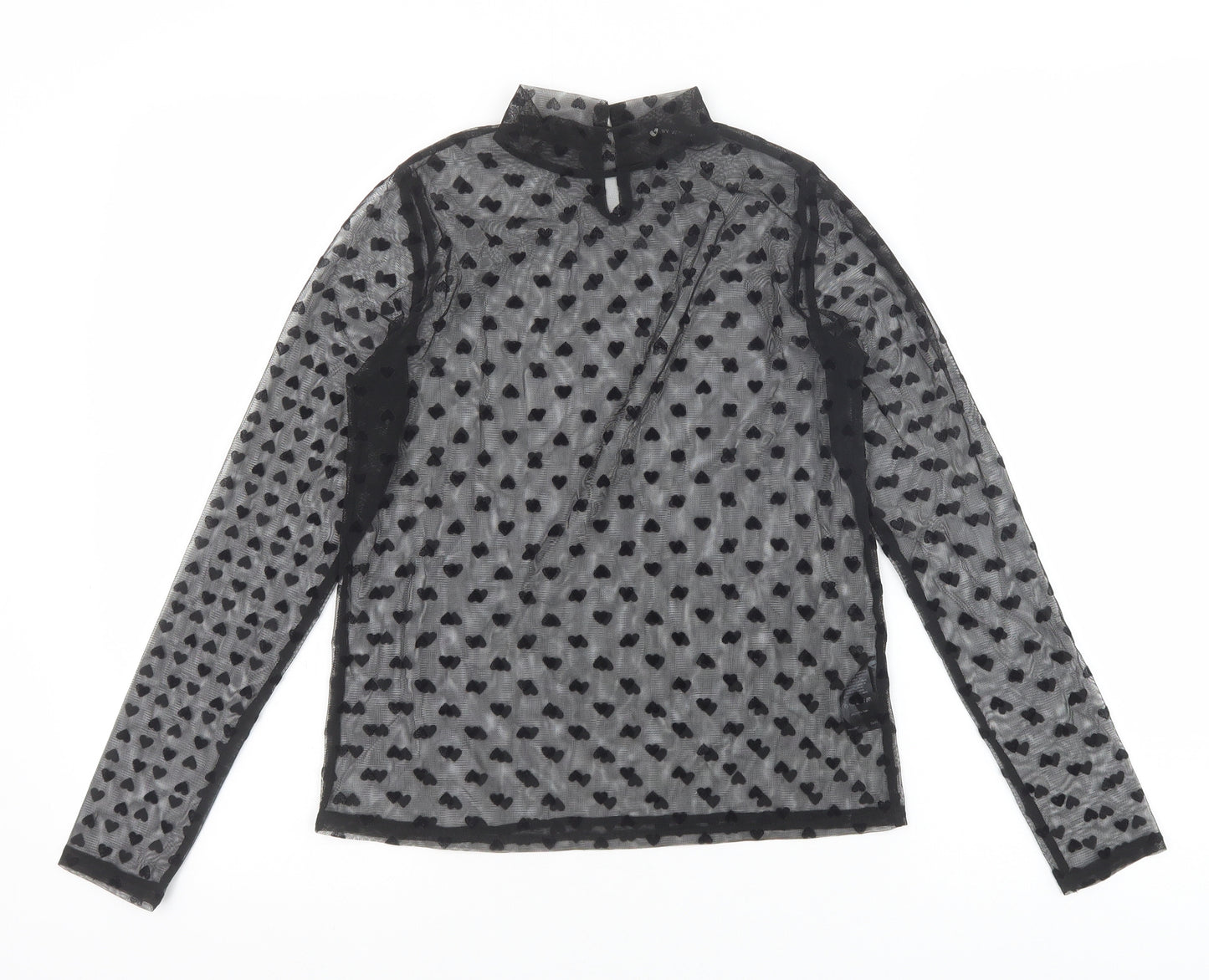 V By Very Womens Black Geometric Polyester Basic T-Shirt Size 8 Mock Neck - Heart Pattern