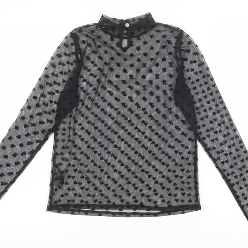 V By Very Womens Black Geometric Polyester Basic T-Shirt Size 8 Mock Neck - Heart Pattern