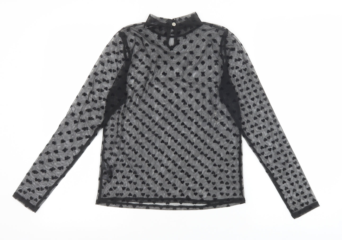 V By Very Womens Black Geometric Polyester Basic T-Shirt Size 8 Mock Neck - Heart Pattern