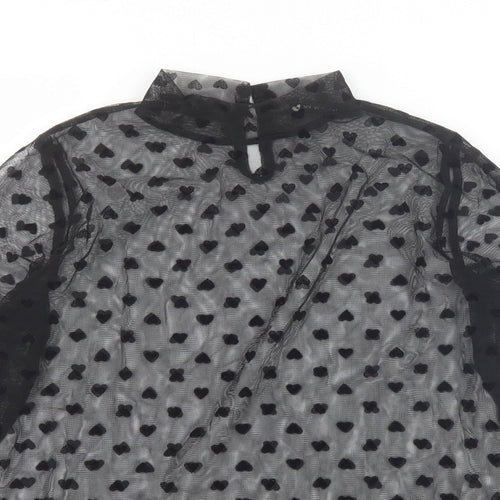 V By Very Womens Black Geometric Polyester Basic T-Shirt Size 8 Mock Neck - Heart Pattern