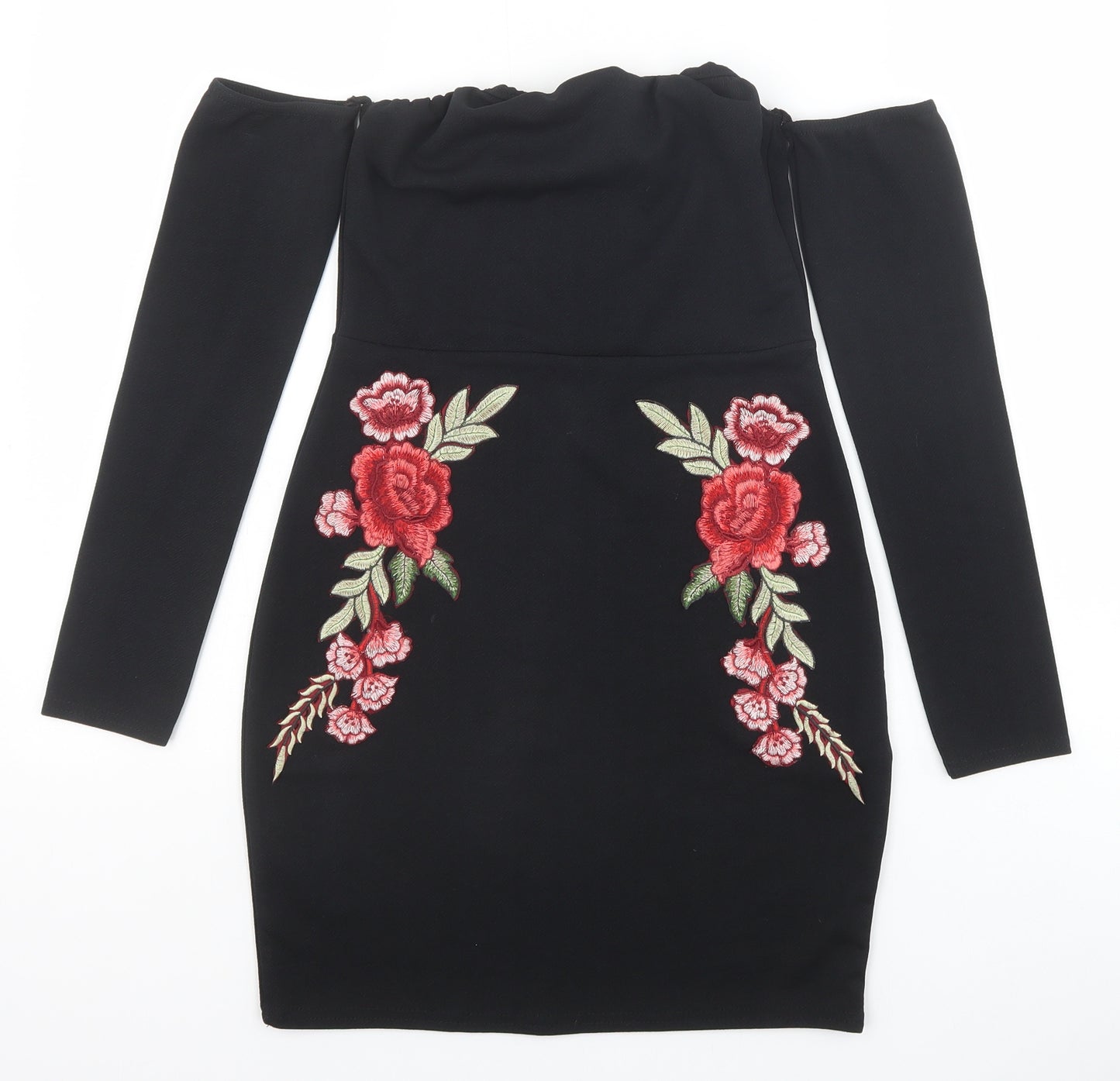 Boohoo Womens Black Floral Polyester Bodycon Size 12 Off the Shoulder Pullover