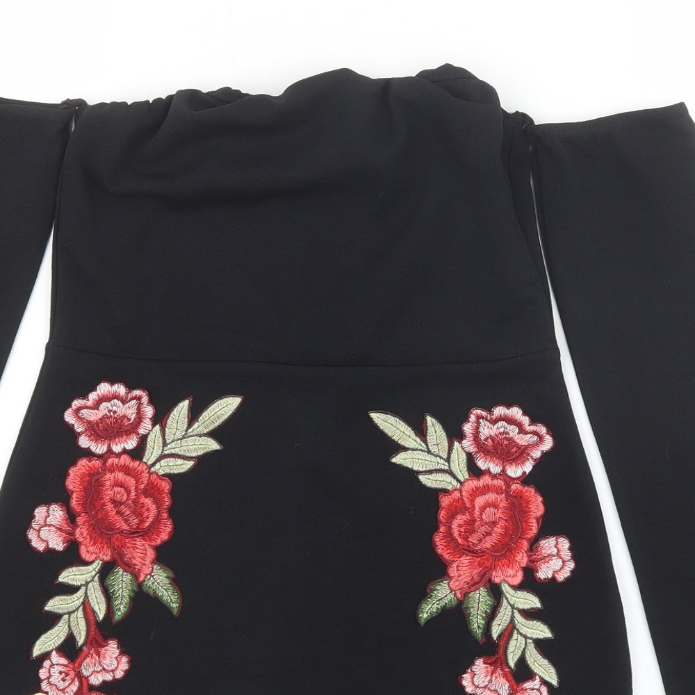 Boohoo Womens Black Floral Polyester Bodycon Size 12 Off the Shoulder Pullover