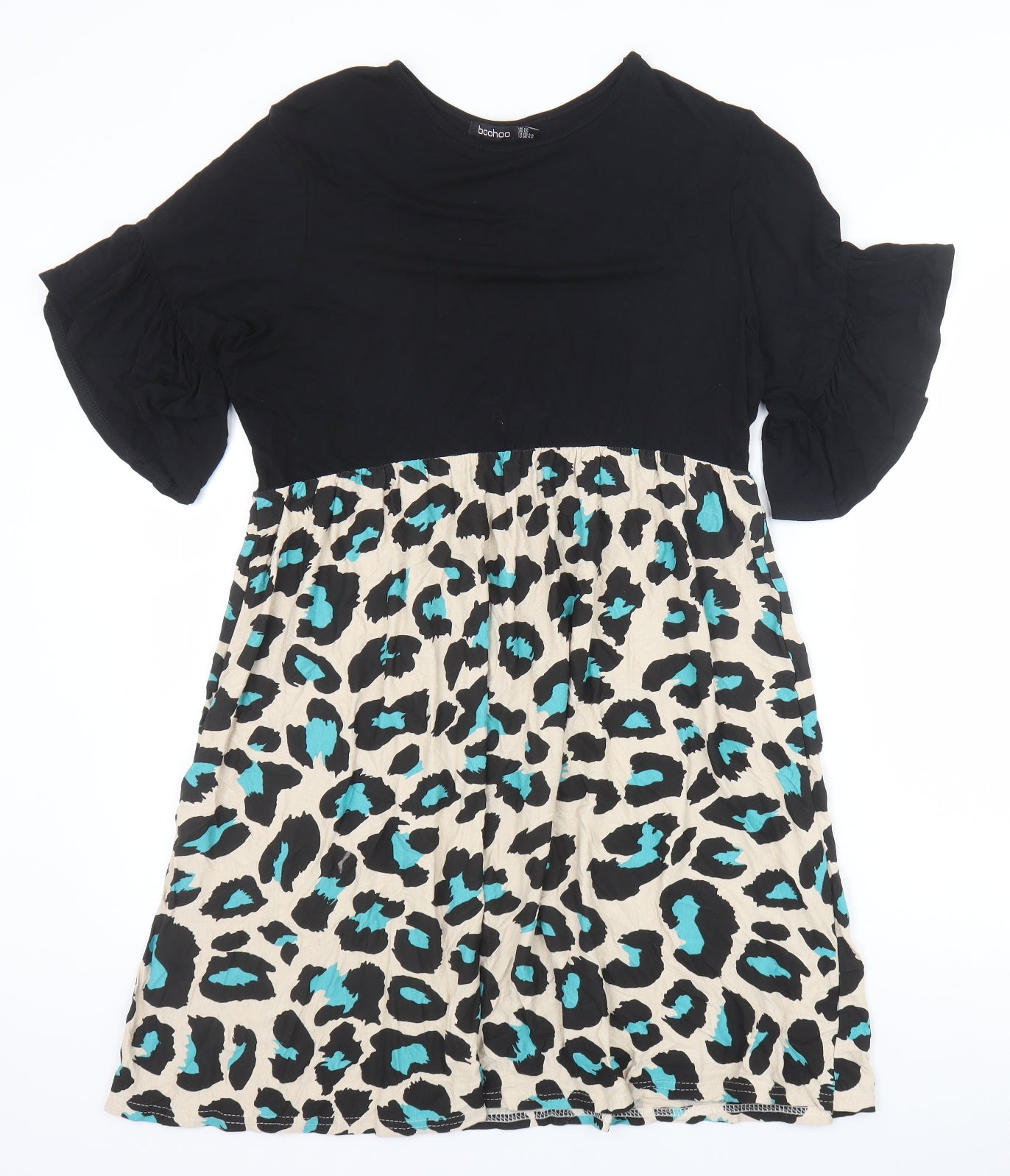 Boohoo Womens Black Animal Print Viscose Trapeze & Swing Size 16 Round Neck Pullover - Leopard Pattern