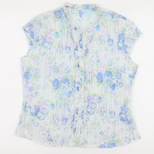 Preworn Womens White Floral Polyester Basic Blouse Size 12 V-Neck