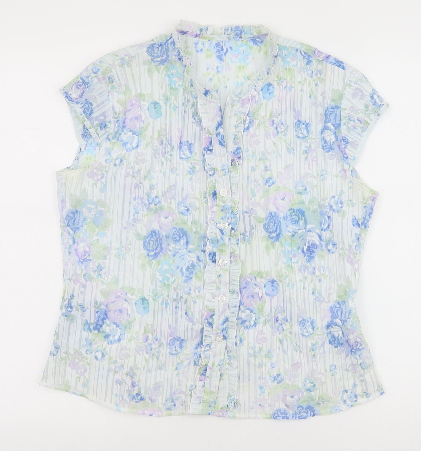 Preworn Womens White Floral Polyester Basic Blouse Size 12 V-Neck