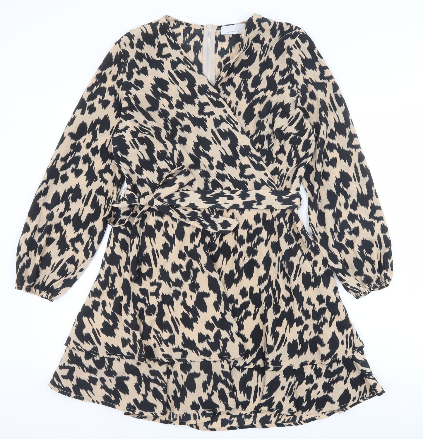Quiz Womens Brown Animal Print Polyester Fit & Flare Size 12 V-Neck Zip - Leopard Pattern