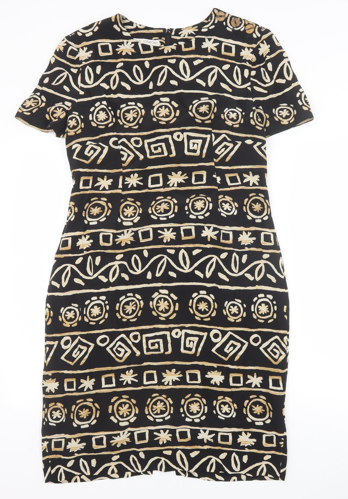 Maggy London Womens Black Geometric Silk A-Line Size 8 Round Neck Zip