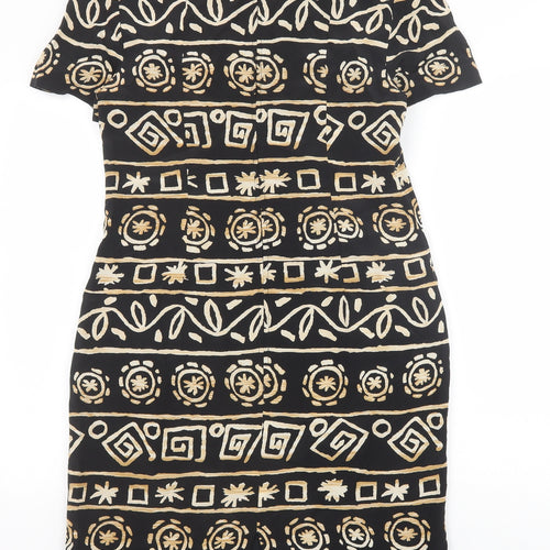 Maggy London Womens Black Geometric Silk A-Line Size 8 Round Neck Zip