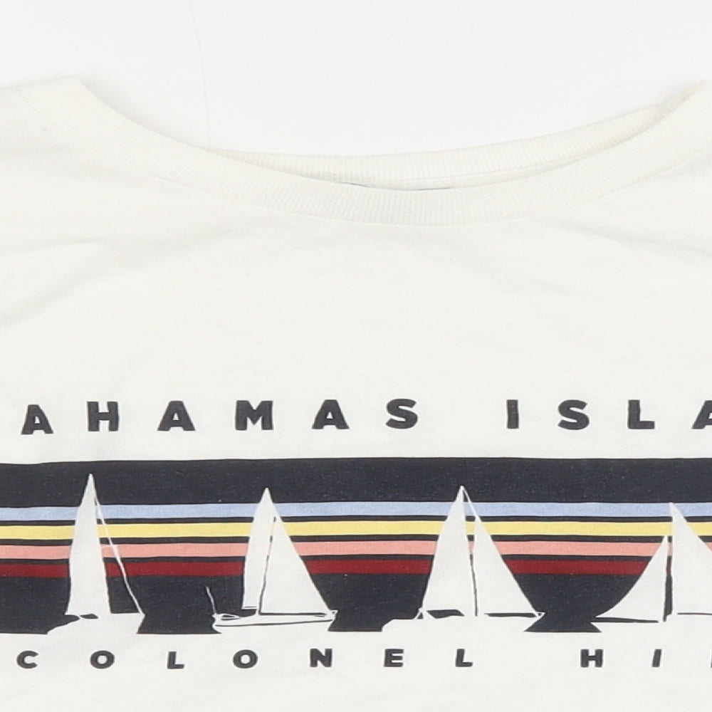 Pull&Bear Womens White 100% Cotton Cropped T-Shirt Size M Round Neck - Bahamas Island