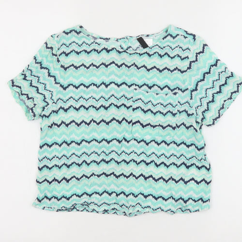 H&M Womens Green Geometric Viscose Basic T-Shirt Size 10 Boat Neck