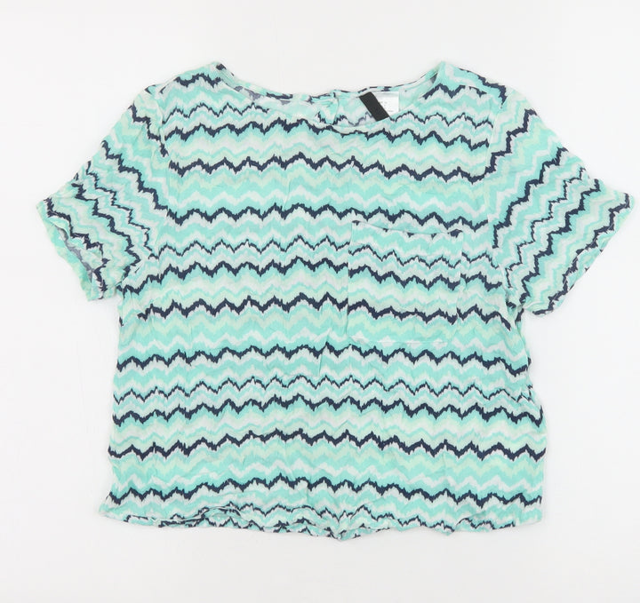 H&M Womens Green Geometric Viscose Basic T-Shirt Size 10 Boat Neck