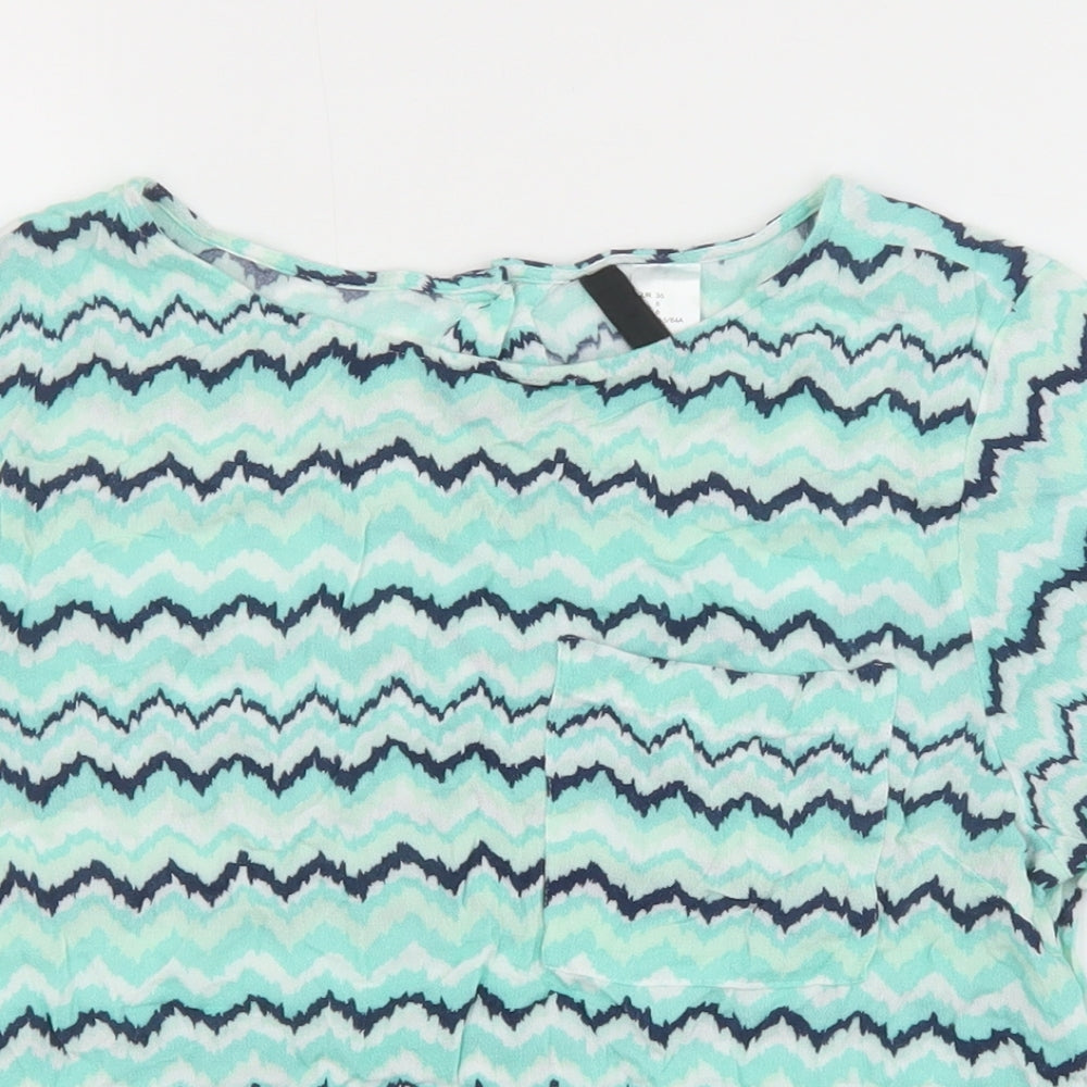 H&M Womens Green Geometric Viscose Basic T-Shirt Size 10 Boat Neck