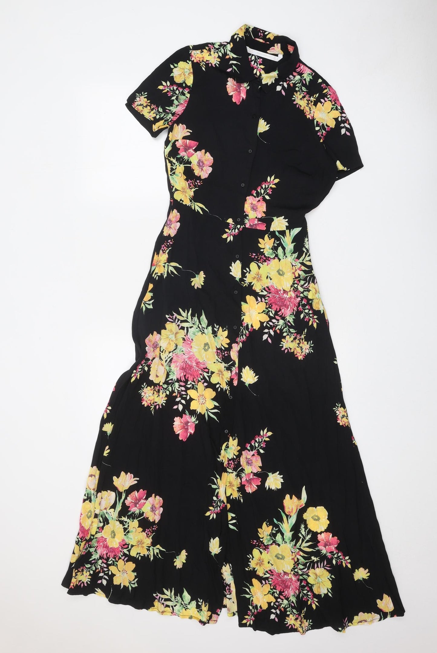 Zara Womens Black Floral Polyester Maxi Size S Collared Button