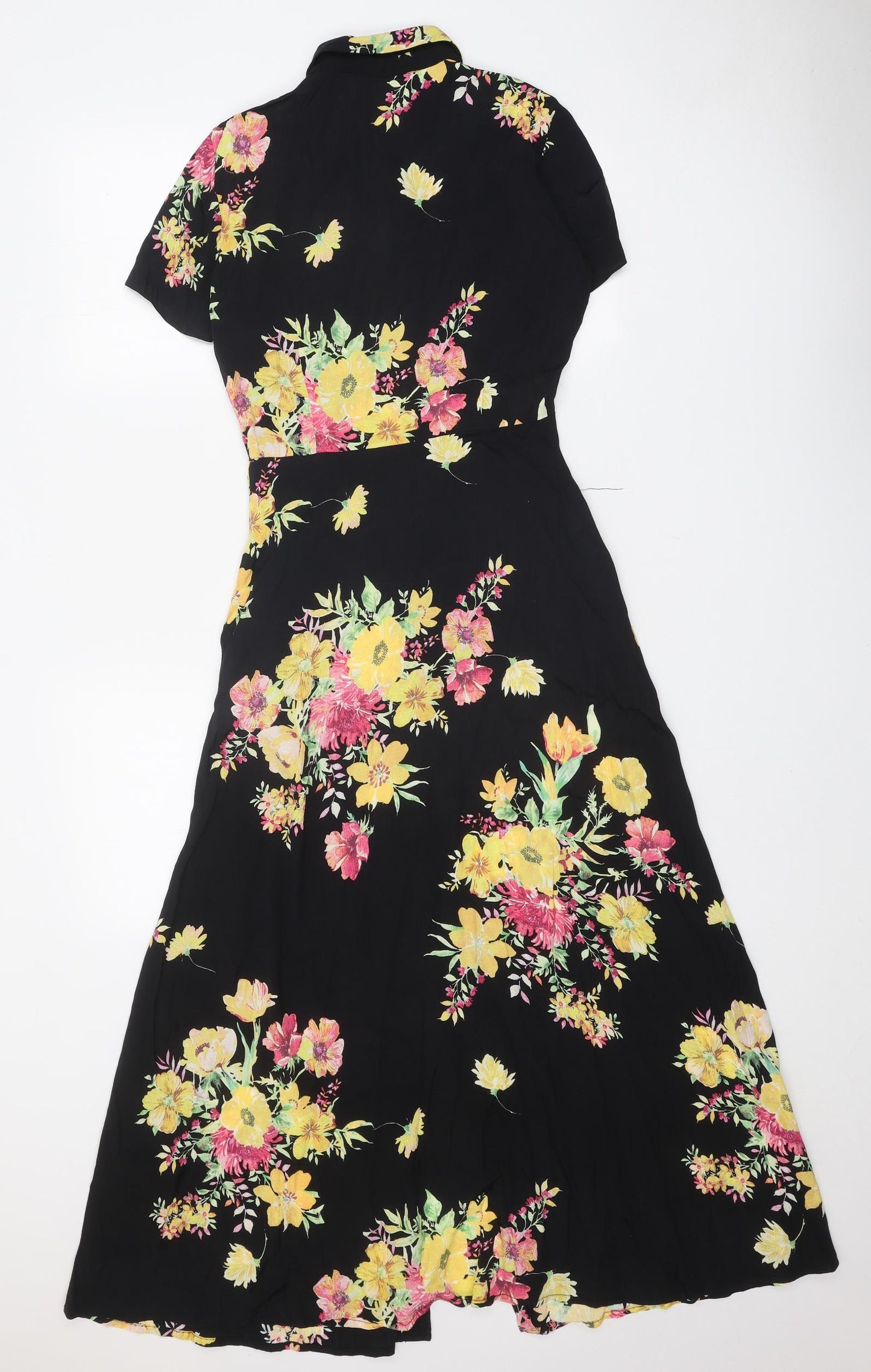Zara Womens Black Floral Polyester Maxi Size S Collared Button