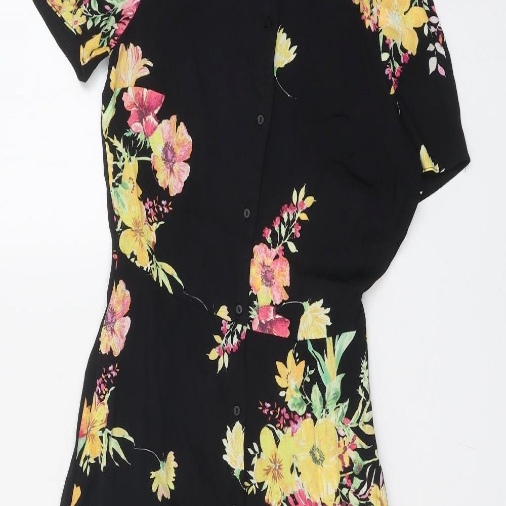 Zara Womens Black Floral Polyester Maxi Size S Collared Button