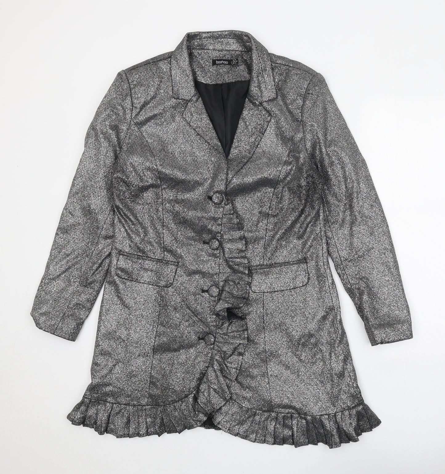 Boohoo Womens Silver Polyester Shirt Dress Size 16 V-Neck Button