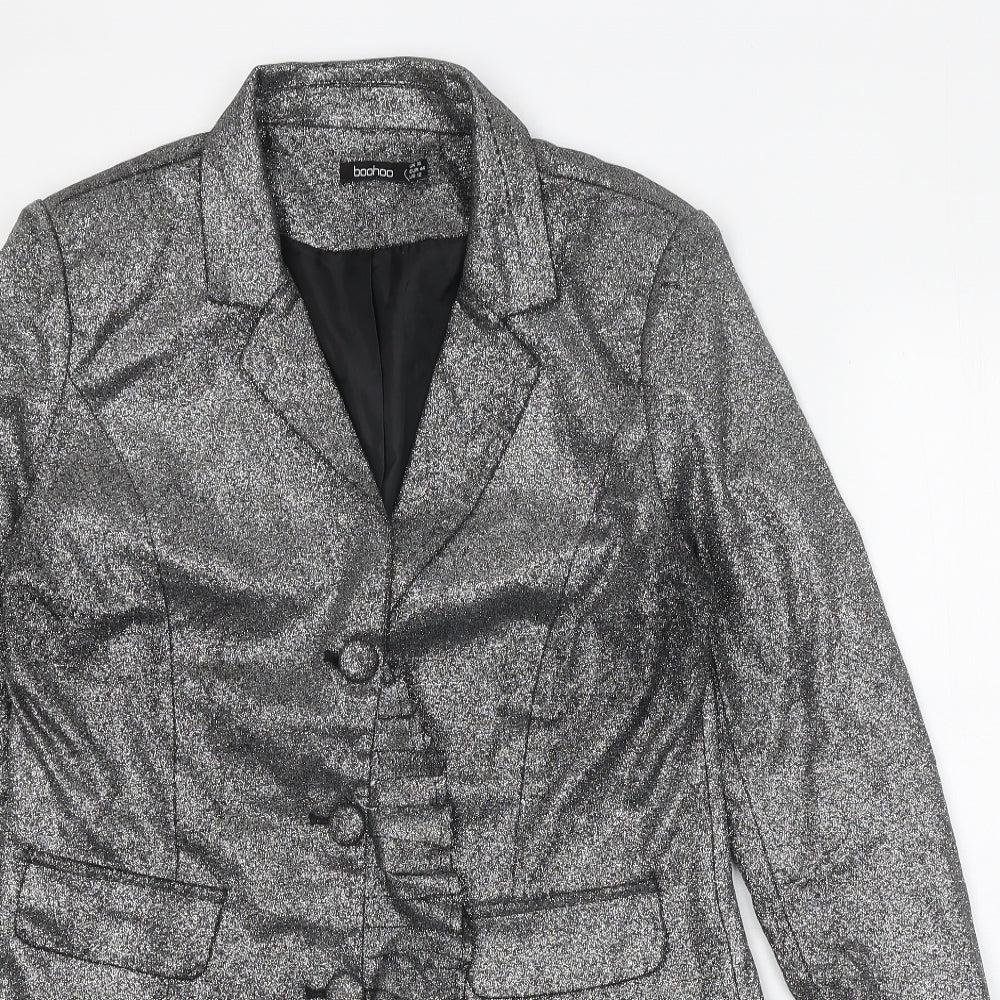 Boohoo Womens Silver Polyester Shirt Dress Size 16 V-Neck Button