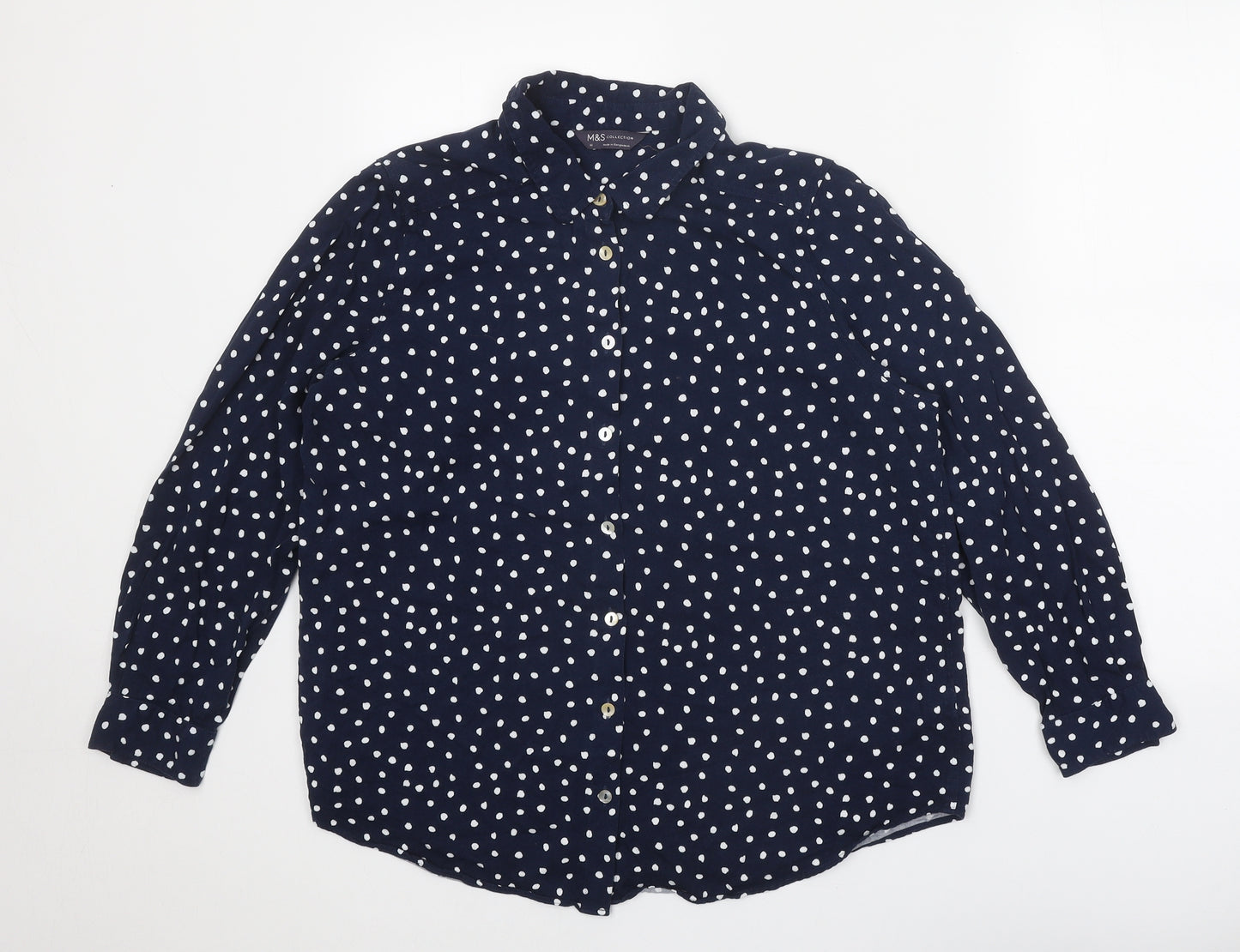 Marks and Spencer Womens Black Geometric Viscose Basic Button-Up Size 16 Collared