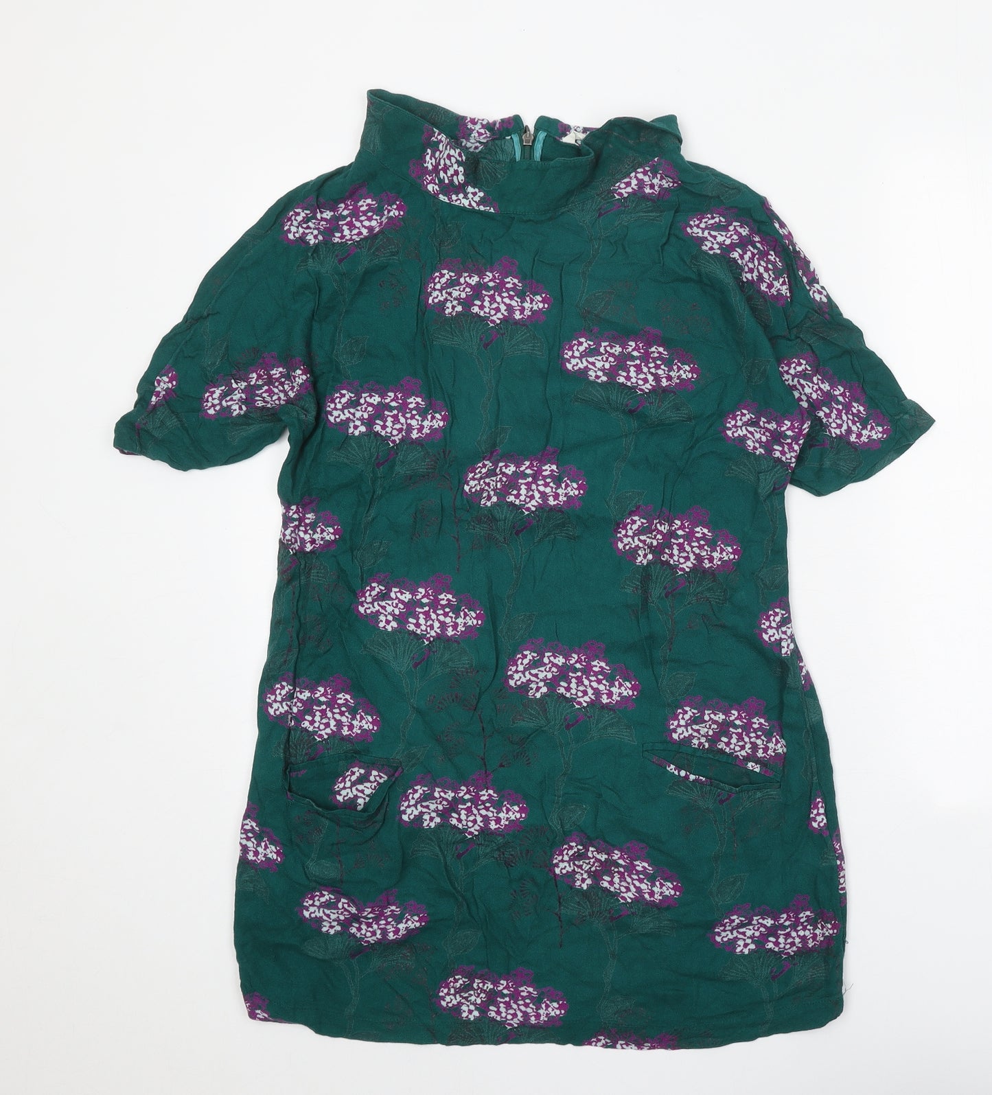 White Stuff Womens Green Geometric Viscose A-Line Size 12 High Neck Zip